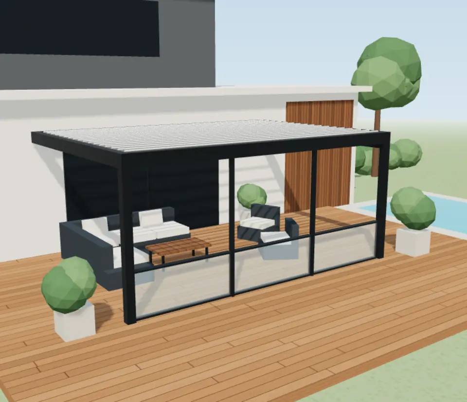Villa terasında bioklimatik pergola, giyotin cam ve zip perde modeli